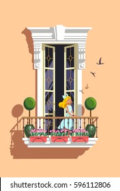 Vector art of  joyful blond-haired girl,   in a pale-blue dress, stands at the balcony in a french-style, and looks on flying swallows.There is a  little trees in pots and tulips in boxes on it.
