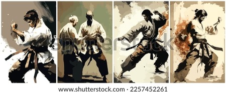 Vector Art of karate japanese painting . Template of Illustration Graphic Modern Pop Art Poster and Cover of Sticker and Collage Cartoon Watermark Abstract Vector