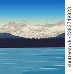 Vector art of Katmai National Park and Preserve with an iconic view of its vast rivers and mountain landscape. An illustration of for art prints, badges or designs.
