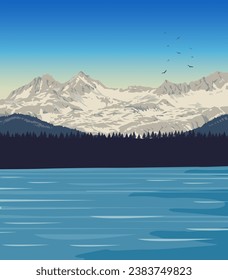 Arte vectorial del Parque Nacional y Preservación de Katmai con una icónica vista de sus vastos ríos y paisaje montañoso. Ilustración de impresiones, insignias o diseños artísticos.