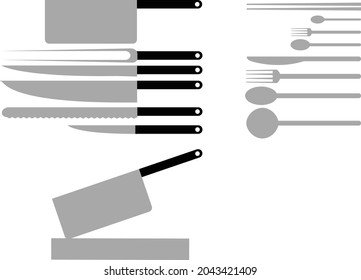 Vector art, kitchen knives - carving board - forks - spoons