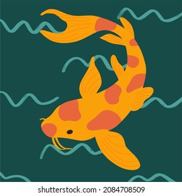 Vector art of koi fish on the water background. Japanese carp illustration. Eastern symbolic fish. Flat design, hand-drawn cartoon.