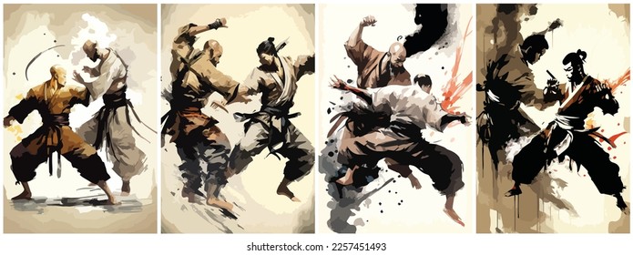Vector Art of kung fu japanese painting . Template of Illustration Graphic Modern Pop Art Poster and Cover of Sticker and Collage Cartoon Watermark Abstract Vector