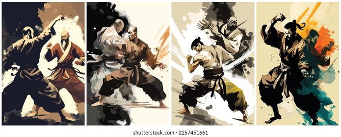 Vector Art of kung fu japanese painting . Template of Illustration Graphic Modern Pop Art Poster and Cover of Sticker and Collage Cartoon Watermark Abstract Vector