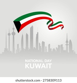 Vector art for Kuwait National Day featuring a stylized waving flag above a grey silhouette of the Kuwait City skyline, including the Kuwait Towers. Clean flat design.