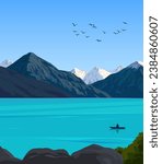 Vector art of Lake Clark National Park and Preserve with an iconic view of its volcanoes steam, craggy mountains, and Alaskan waters. An illustration of for art prints, badges or designs.