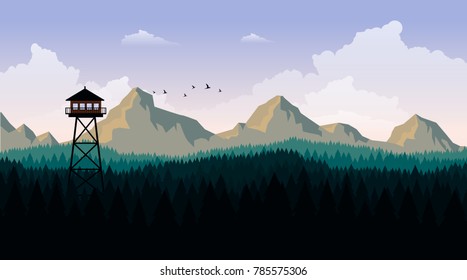 Vector Art Landscape with Fire Lookout Tower