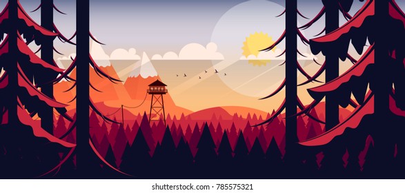 Vector Art Landscape with Fire Lookout Tower