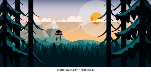 Vector Art Landscape with Fire Lookout Tower