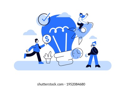 Arte vectorial con gran bombilla azul y personajes de dibujos animados positivos. Los colegas trabajan juntos para conseguir los objetivos de los titulares sobre el fondo blanco. Concepto de negocio de inicio. Comenzando un nuevo proyecto interesante
