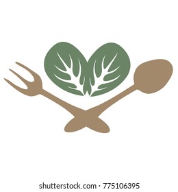 Vector art of leafy vegetables above a crossed spoon and fork.  Flat green and light brown on a transparent background (in vector file). 