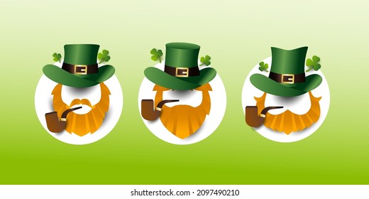 colección de caras de leprechaun de arte vectorial para el banner del Día de Saint Patricks con Sombrero Verde y Shamrock en fondo verde borroso