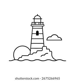 Vektorkunst des Leuchtturms auf felsiger Insel mit Sonne und Wolken
