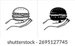 Vector art of line art and filled icon of a hamburger on a hand