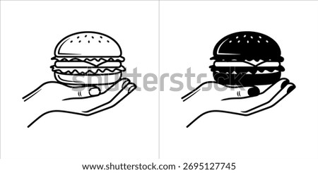 Vector art of line art and filled icon of a hamburger on a hand