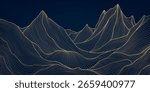 Vector art line gold mountain background, japanese abstract nature hills, rocks, sea graphic. Curve luxury view texture
