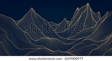Vector art line gold mountain background, japanese abstract nature hills, rocks, sea graphic. Curve luxury view texture
