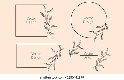 Vector art line nature. Hand drawn floral frames with flowers, branch and leaves. Vector illustration for labels, branding business identity, wedding invitation