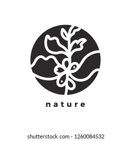 Vector art line nature symbol Simple illustration Tropical coffee tree, branch, leaf, bean Natural drink, fresh food Bio label, organic icon, ecology botanical sign for package, print, stamp in circle
