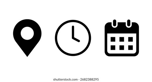 Arte vectorial de los iconos de ubicación, reloj y calendario
