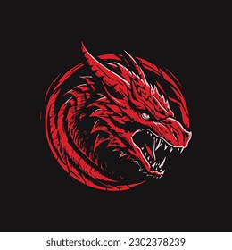 Vector art logo of red dragon head in black background