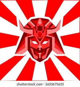 a vector art logo of ronin samurai mask with japanese flag style,mecha cartoon illustration