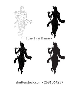 Arte vectorial del Señor Krishna, Dios religioso hindú Krishna, Una silueta de Vector de flauta tocando Krishna
