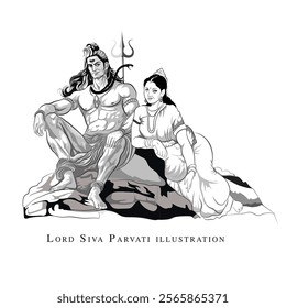 A vector art of Lord Shiv, Lord Shiva siting on Kailash mountain with Parvati, An illustration of Hindu religion God