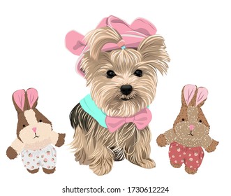 Vector art of a lovely tiny puppy yorkshire terrier and 2 bunny dolls