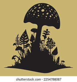  Vector art magic mushroom tree on a swamp. Isolated outline