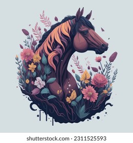 Vector art of a majestic horse surrounded by flowers