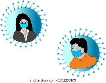 Vector Art of male and female wearing mask , Big corona virus shapes.