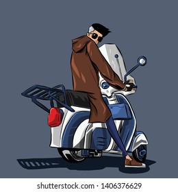 Vector art is man driving classic bike