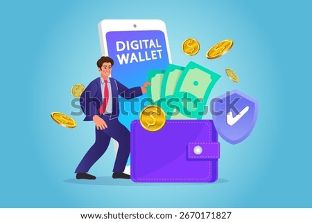 Vector art of a man easily managing his finances with a mobile e-wallet. Coins and cash move securely, symbolizing the convenience of online payments and digital currency.