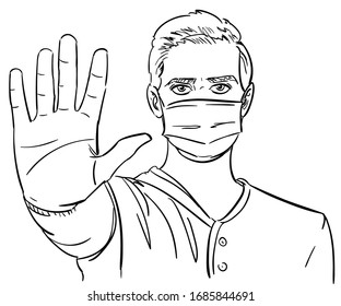 Vector art, a man in a medical mask shows a stop sign