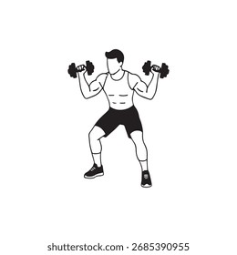 Arte vectorial de hombre realizando ejercicio de prensa de hombro con mancuerna, ilustración de fitness y entrenamiento