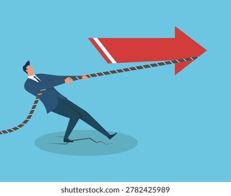 Vector art of a man in a suit trying to halt a red growth arrow by pulling it backward. The ground cracks beneath him, showing a futile business struggle