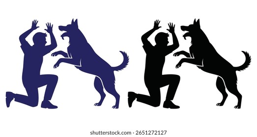Vector art of a man training a dog, silhouettes in blue and black on white
