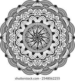 Arte vectorial de un Mandala, con dibujo y adorno en blanco y negro.
