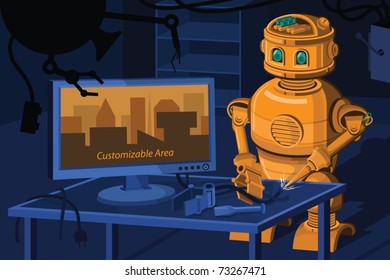 A vector art masterpiece of a Hi-tech Repair Robot separated in 3 layers. Extra area for other text and design elements was provided in the LCD part which can be used and utilized as clipping mask.