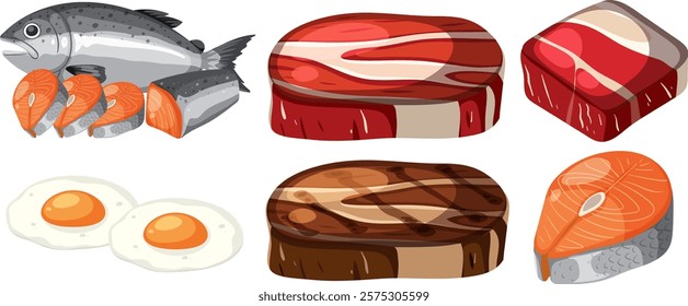 Vector art of meats, fish, and eggs