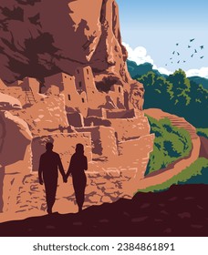 Vector art of Mesa Verde National Park with an iconic view of its  well-preserved Ancestral Puebloan cliff dwellings, notably the huge Cliff Palace. An illustration of for art prints, badges or design