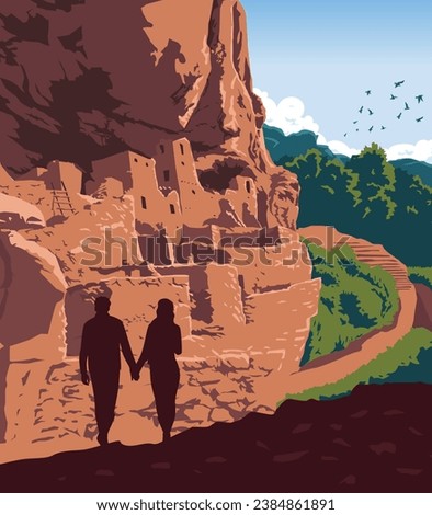 Vector art of Mesa Verde National Park with an iconic view of its  well-preserved Ancestral Puebloan cliff dwellings, notably the huge Cliff Palace. An illustration of for art prints, badges or design
