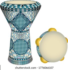 Vector art of middle eastern traditional percussion instruments known as a tabla and riq or darbuka and daf