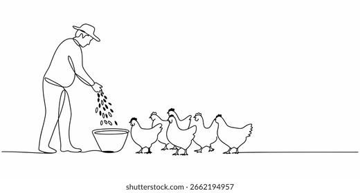 Vector art of a minimalist line drawing shows a farmer feeding chickens from a bowl, isolated on white background the simple design captures the essence of rural life and agriculture