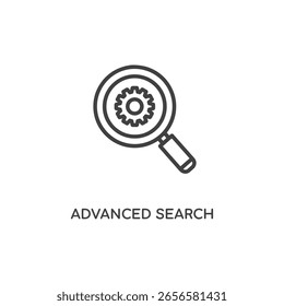 Vector art of a minimalist line art icon depicting a magnifying glass with a gear