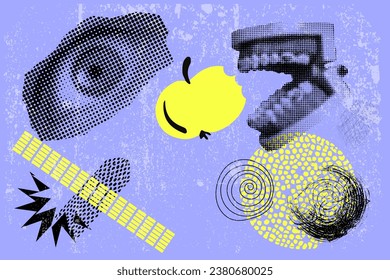 Vector art modern collage grunge banner. Lips and eyes halftone texture, dotted pop art style.