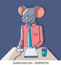 Vector art in modern design with  mouse dressed up in office casual clothes, sitting at the work place, holds a computer mouse. Concept poster.