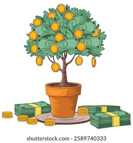 Vector Art of Money Tree in Ceramic Pot with Green Cash and Coins