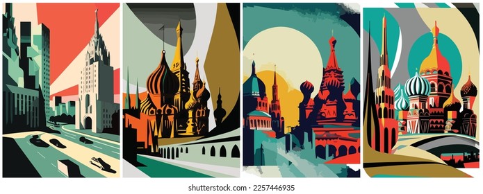 Vector Art of Moscow pop art collage. Template of Illustration Graphic Modern Pop Art Poster and Cover of Sticker and Collage Cartoon Watermark Abstract Vector
